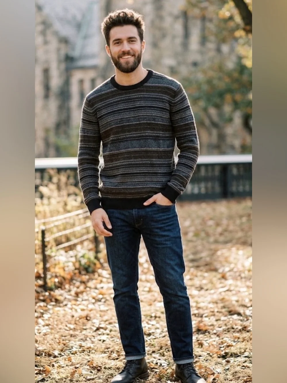 Vince Mens Striped Crewneck Pullover Sweater - Black/Grey/Brown -sz large